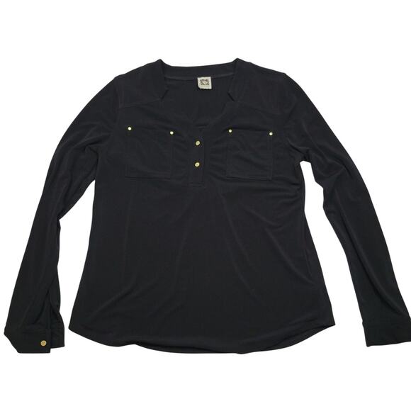 Anne Klein Women's v-neck Blouse Black Gold buttons rivets Pockets Womens Size M - Picture 1 of 8